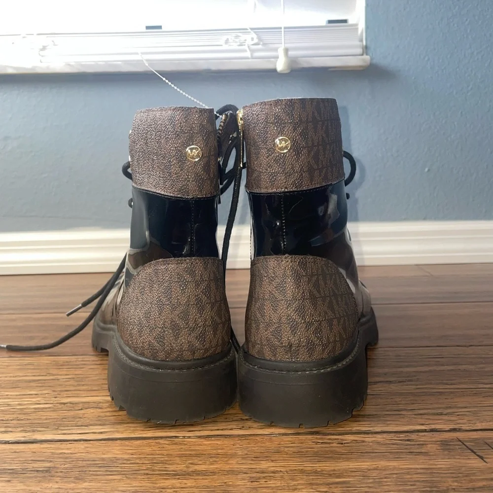 combat boots lace up monogram boots Michael Kors boots chunky boot Glossy black